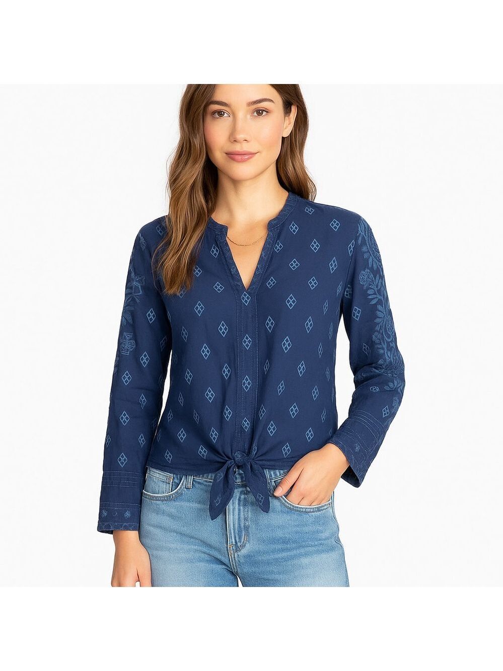 Johnny Was Blue Embroidered Sheer Eyelet Blouse XS Boho Tie-Front Top